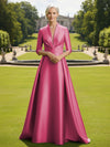 V Neck Satin Mother of the Bride Dresses with Long Sleeves