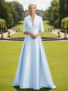 V Neck Satin Mother of the Bride Dresses with Long Sleeves