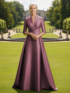V Neck Satin Mother of the Bride Dresses with Long Sleeves