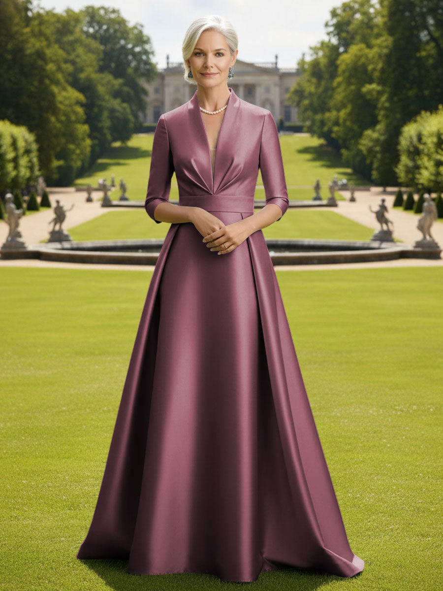 V Neck Satin Mother of the Bride Dresses with Long Sleeves