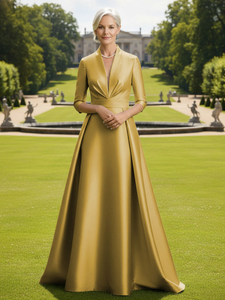 V Neck Satin Mother of the Bride Dresses with Long Sleeves