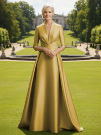 V Neck Satin Mother of the Bride Dresses with Long Sleeves