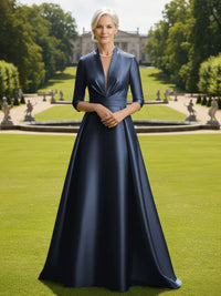 V Neck Satin Mother of the Bride Dresses with Long Sleeves