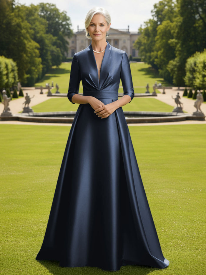 V Neck Satin Mother of the Bride Dresses with Long Sleeves