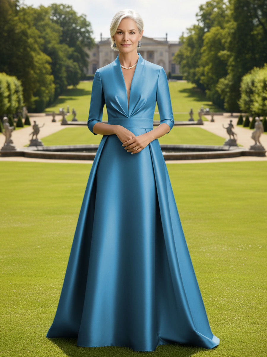 V Neck Satin Mother of the Bride Dresses with Long Sleeves