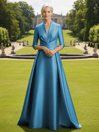 V Neck Satin Mother of the Bride Dresses with Long Sleeves