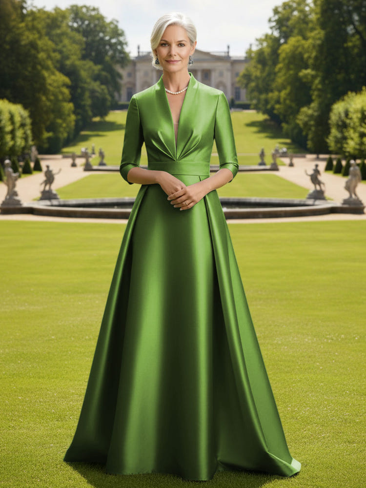 V Neck Satin Mother of the Bride Dresses with Long Sleeves