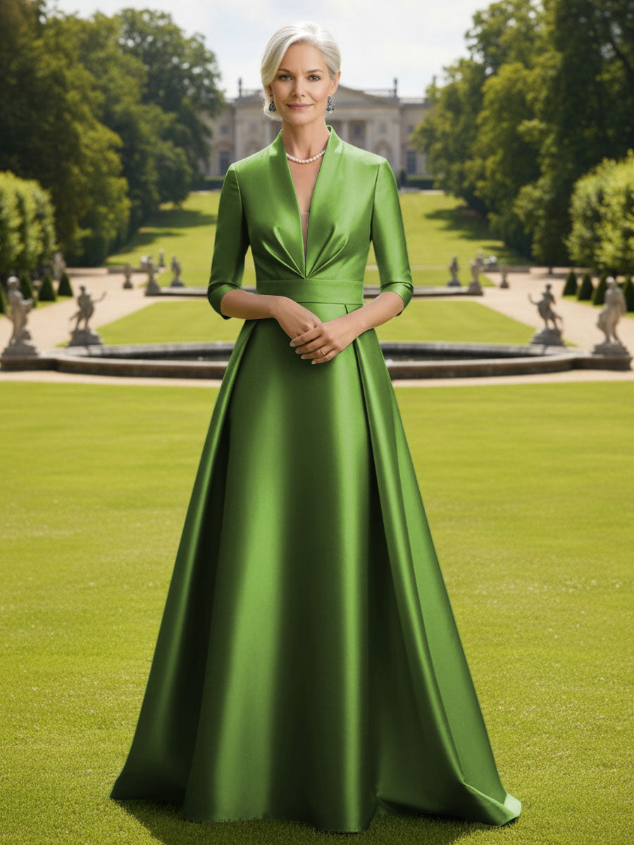V Neck Satin Mother of the Bride Dresses with Long Sleeves