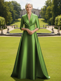 V Neck Satin Mother of the Bride Dresses with Long Sleeves