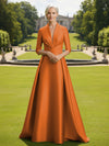 V Neck Satin Mother of the Bride Dresses with Long Sleeves