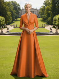 V Neck Satin Mother of the Bride Dresses with Long Sleeves