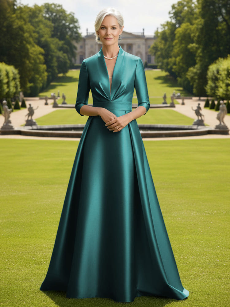 V Neck Satin Mother of the Bride Dresses with Long Sleeves