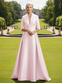 V Neck Satin Mother of the Bride Dresses with Long Sleeves