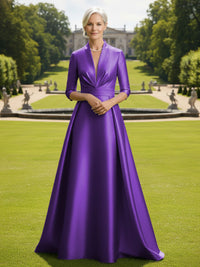 V Neck Satin Mother of the Bride Dresses with Long Sleeves