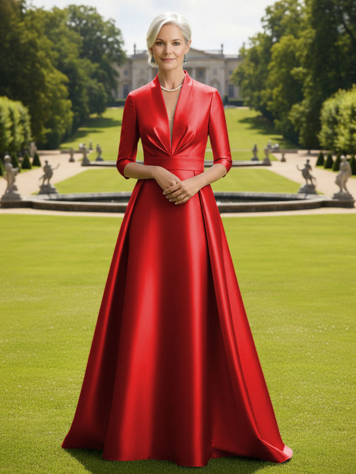 V Neck Satin Mother of the Bride Dresses with Long Sleeves