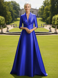 V Neck Satin Mother of the Bride Dresses with Long Sleeves