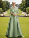 V Neck Satin Mother of the Bride Dresses with Long Sleeves