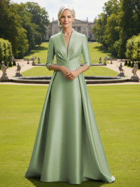 V Neck Satin Mother of the Bride Dresses with Long Sleeves