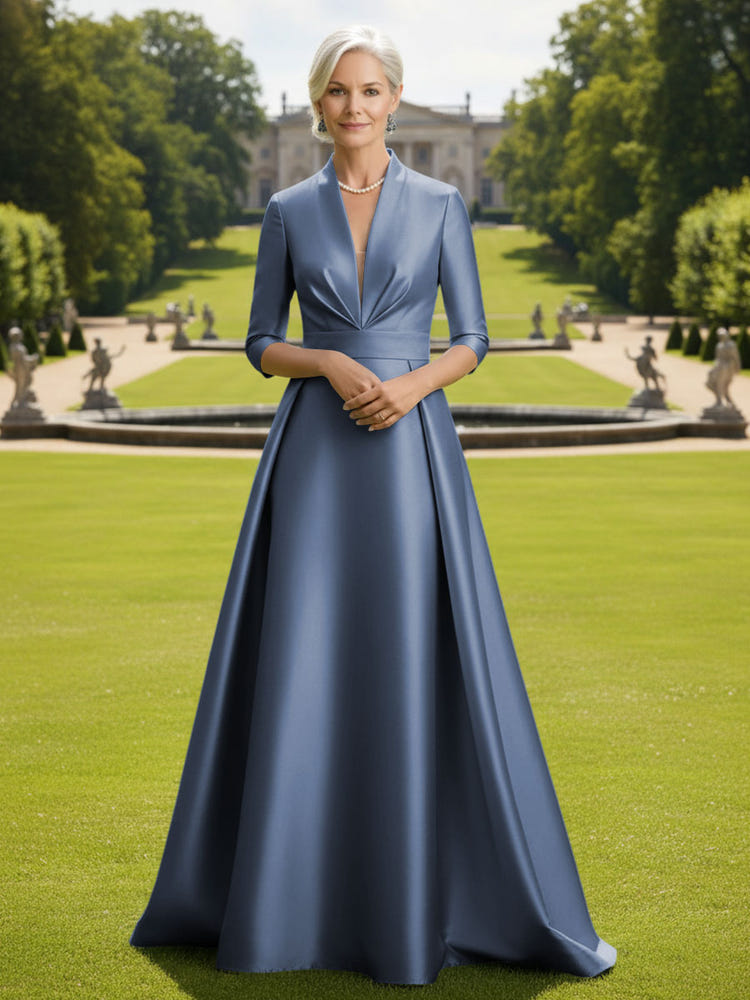 V Neck Satin Mother of the Bride Dresses with Long Sleeves