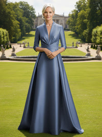 V Neck Satin Mother of the Bride Dresses with Long Sleeves