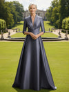 V Neck Satin Mother of the Bride Dresses with Long Sleeves