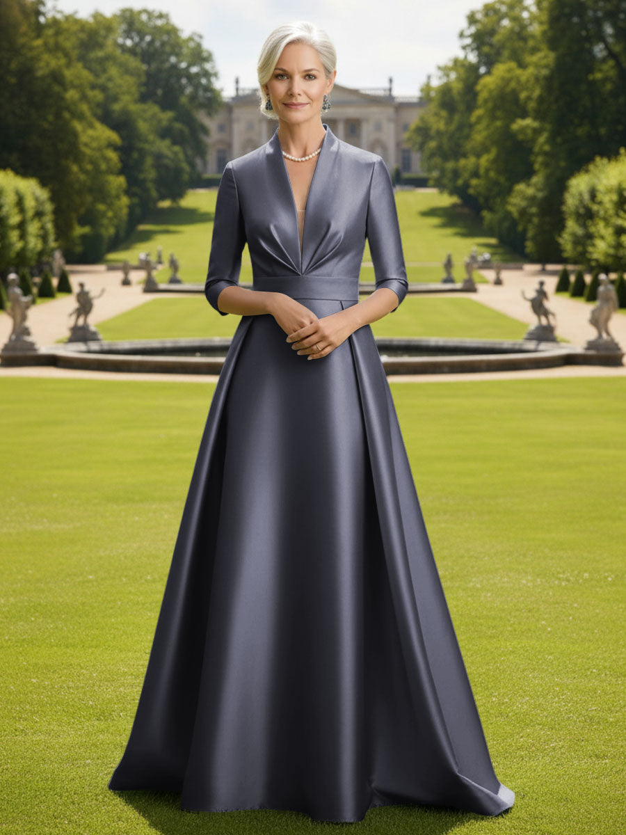 V Neck Satin Mother of the Bride Dresses with Long Sleeves