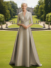 V Neck Satin Mother of the Bride Dresses with Long Sleeves