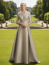 V Neck Satin Mother of the Bride Dresses with Long Sleeves