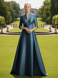 V Neck Satin Mother of the Bride Dresses with Long Sleeves