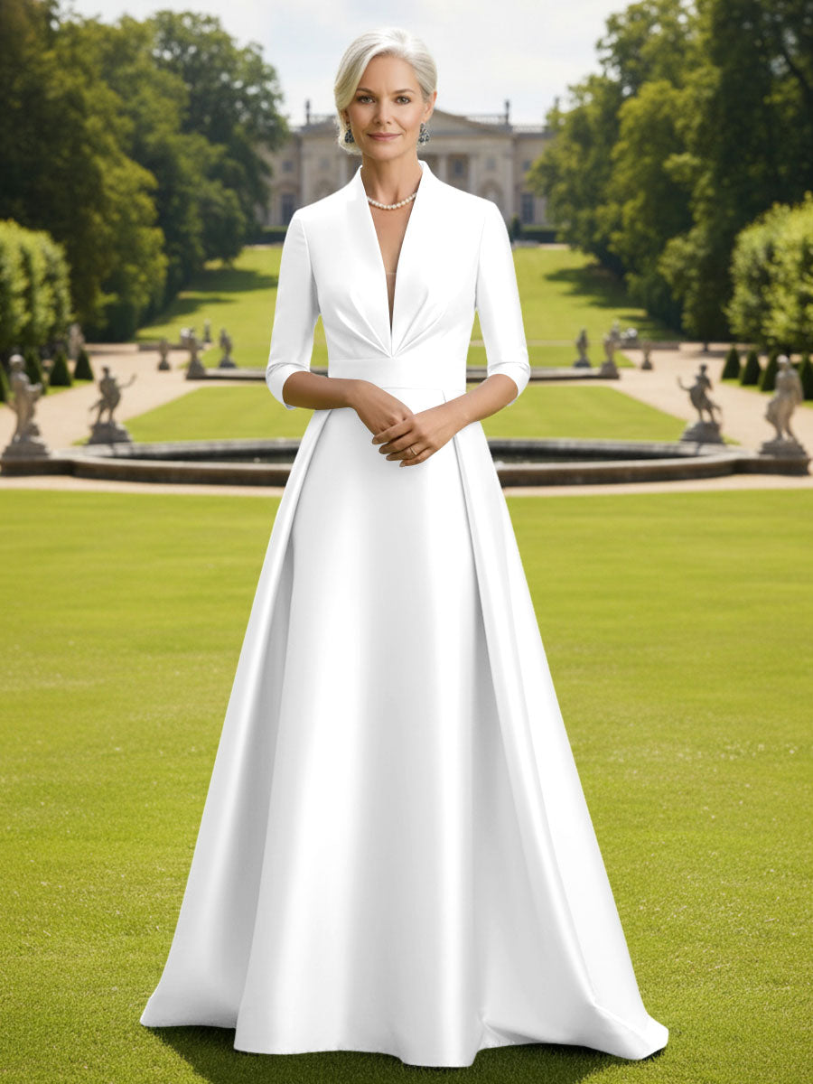 V Neck Satin Mother of the Bride Dresses with Long Sleeves