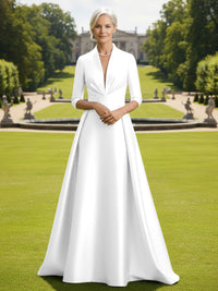 V Neck Satin Mother of the Bride Dresses with Long Sleeves