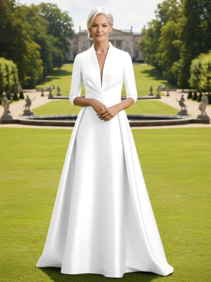 V Neck Satin Mother of the Bride Dresses with Long Sleeves