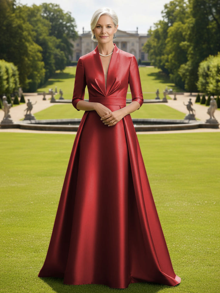 V Neck Satin Mother of the Bride Dresses with Long Sleeves