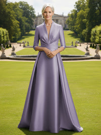 V Neck Satin Mother of the Bride Dresses with Long Sleeves