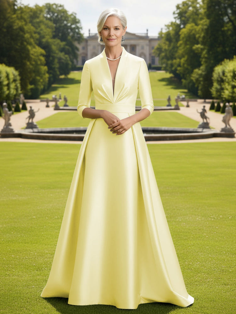 V Neck Satin Mother of the Bride Dresses with Long Sleeves