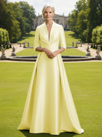 V Neck Satin Mother of the Bride Dresses with Long Sleeves