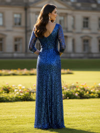 V Neck Sequin Mother of the Bride Dresses with Long Sleeves