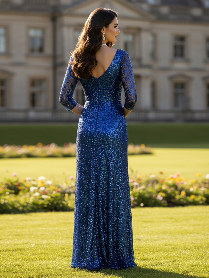 V Neck Sequin Mother of the Bride Dresses with Long Sleeves