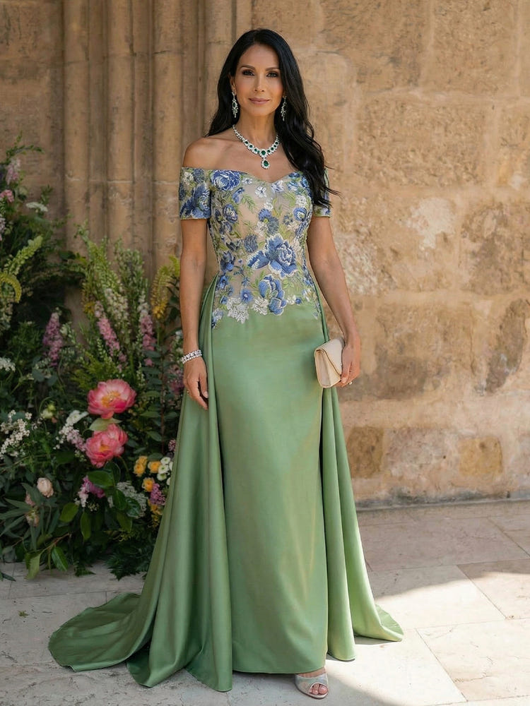 Satin A Line Off the Shoulder Mother of the Bride Dresses with Lace Flowers