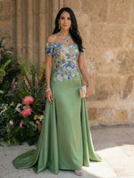 Satin A Line Off the Shoulder Mother of the Bride Dresses with Lace Flowers
