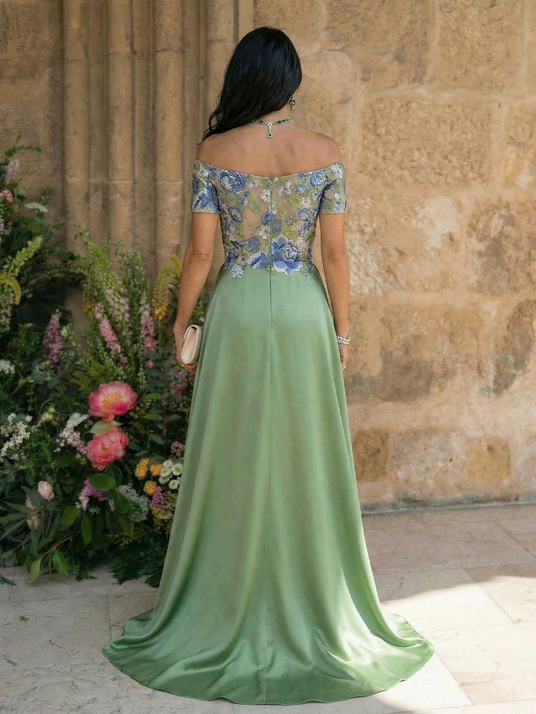 Satin A Line Off the Shoulder Mother of the Bride Dresses with Lace Flowers