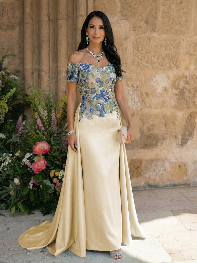 Satin A Line Off the Shoulder Mother of the Bride Dresses with Lace Flowers