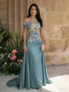 Satin A Line Off the Shoulder Mother of the Bride Dresses with Lace Flowers