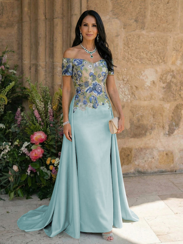 Satin A Line Off the Shoulder Mother of the Bride Dresses with Lace Flowers