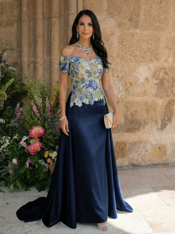 Satin A Line Off the Shoulder Mother of the Bride Dresses with Lace Flowers