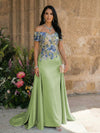 Satin A Line Off the Shoulder Mother of the Bride Dresses with Lace Flowers