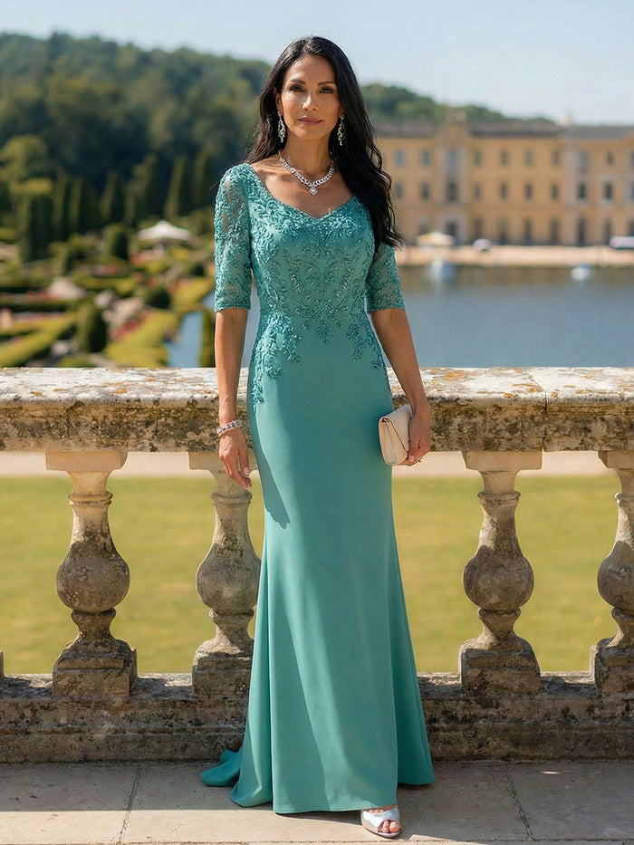 Half Sleeves V Neck Mother of the Bride Dresses with Lace Appliques
