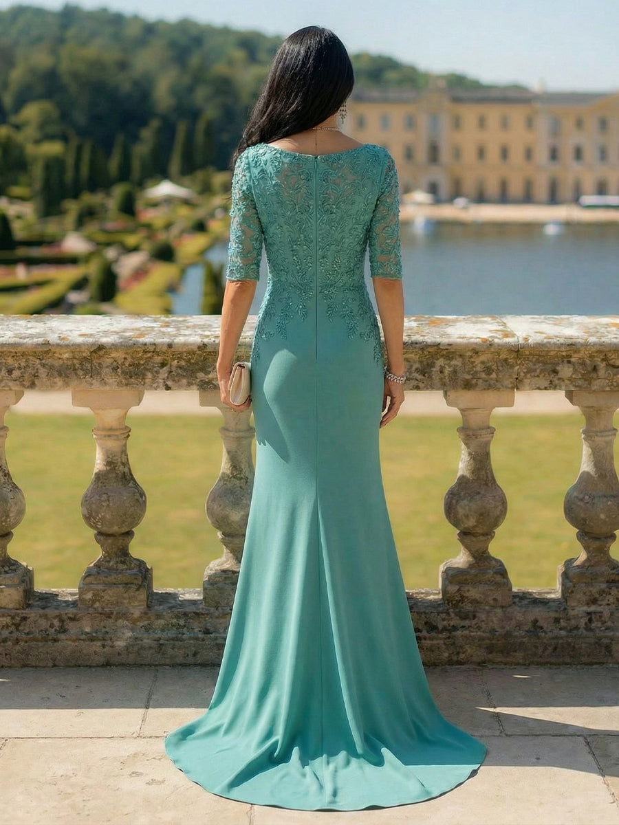 Half Sleeves V Neck Mother of the Bride Dresses with Lace Appliques