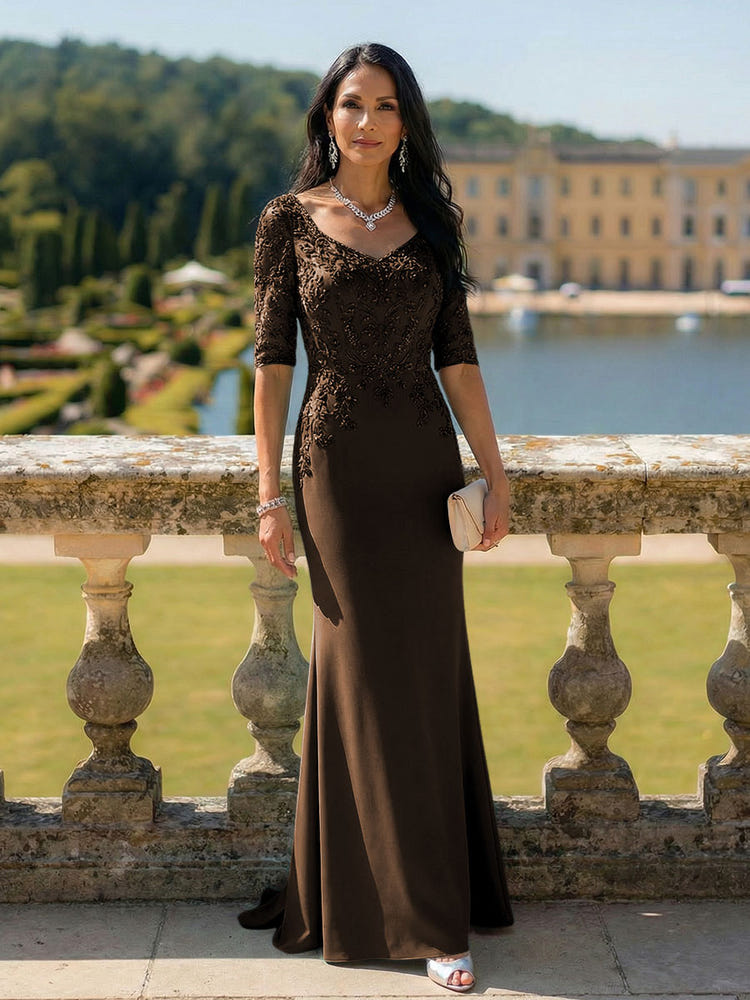 Half Sleeves V Neck Mother of the Bride Dresses with Lace Appliques