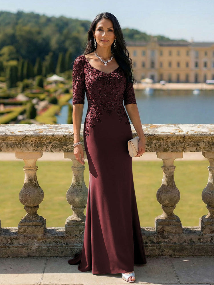 Gracins Eucalyptus Half Sleeves V Neck Mother of the Bride Dresses with Lace Appliques 2026